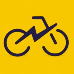 黄色の背景に、雷の形が組み込まれた青い電動自転車のアイコン