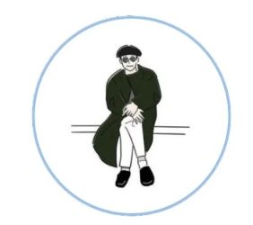 ベレー帽とサングラスを着用し、ロングコートを着た人物が座っているシンプルなイラスト