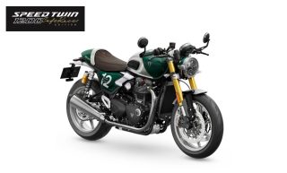 緑とシルバーを基調とした、クラシックなカフェレーサースタイルのオートバイです。ブラウンのシートと「12」のゼッケンが特徴的で、モダンな要素も兼ね備えています。