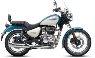 白い背景にティールと白のロイヤルエンフィールド メテオ350