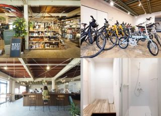 アウトドア用品店、自転車販売・展示スペース、カフェ、シャワールームが一体となった複合施設の様子