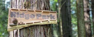 森の中で木に取り付けられた「Ridge Park」と書かれた木製の看板