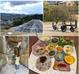 山々と古墳の広がる風景、歴史的な石室を探訪する人物、2台の電動自転車、そしてローストビーフをメインにした彩り豊かな定食