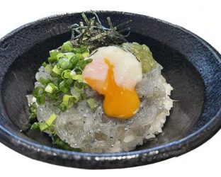 白いご飯の上にたっぷりの釜揚げしらすと、とろりとした温泉卵が乗ったしらす丼