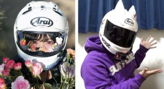 Araiヘルメットをかぶった二人の人物が並んだ画像。