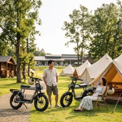 グランピング施設で電動バイクとくつろぐカップル