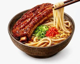 大きな肉の塊が乗った温かい肉うどん