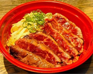 赤い丼に盛り付けられた、スライスされた牛肉と千切り野菜、青ネギが特徴の肉丼
