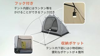 グレーのテントの機能紹介画像です。テント内部にランタンなどを吊るせるフックと、小物収納に便利な4箇所のポケットがあることを示しています。