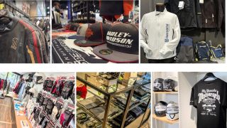 様々なブランドのバイクウェアやアクセサリーが並ぶオートバイ用品店