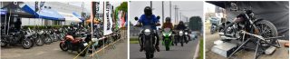 様々なブランドのオートバイが展示され、ライダーたちが走行している様子