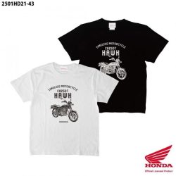 白と黒の2色のTシャツが並べられており、それぞれに「TIMELESS MOTORCYCLE CB250T HAWK」の文字とホンダCB250T HAWKのイラストがデザインされています。ホンダの公式ライセンス商品です。