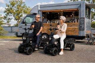 コーヒーフードトラックの前で笑顔の高齢夫婦とブレイズ イーカーゴ