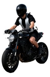 黒いヘルメットとシルバーのベストを着用した男性が黒いオートバイに乗っている様子。