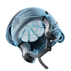 青い光で内部構造が強調されたヘルメット。透明な外殻から衝撃吸収材と内装パッドが見え、安全性と技術的な特徴をアピール。