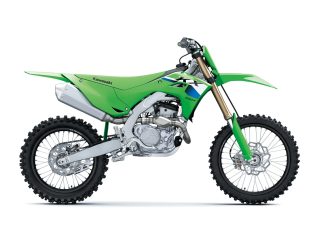 鮮やかなグリーンのカワサキKX250Fモトクロスバイクの側面図