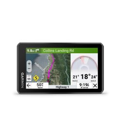 Garminのナビゲーションデバイスが表示されており、地図上でPacific Ocean沿いのルートが示されています。速度制限、現在の速度、到着時刻、気温などの情報が表示されています。