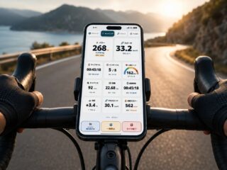 サイクリング中にスマートフォンのトレーニング画面を表示している様子
