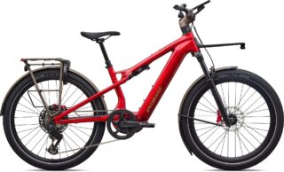 赤色のフルサスペンション電動アシスト自転車