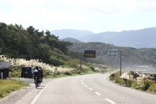 ススキが茂る山道を進むサイクリスト