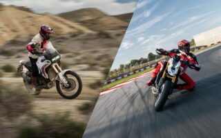 オフロードを走るアドベンチャーバイクと、サーキットでコーナリングするスポーツバイクの対比を描いた画像